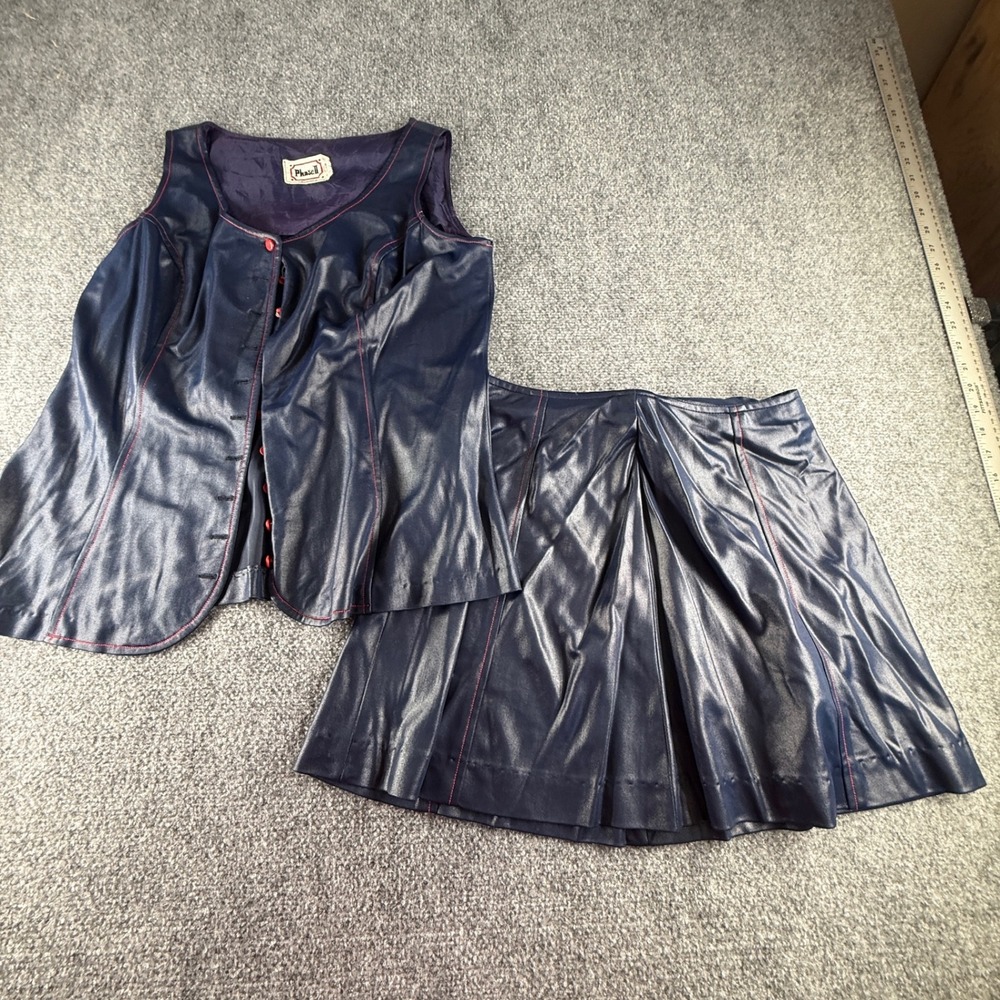Vintage Phase II California Navy Metallic Vest and Pleated Skirt Set Red Stitch